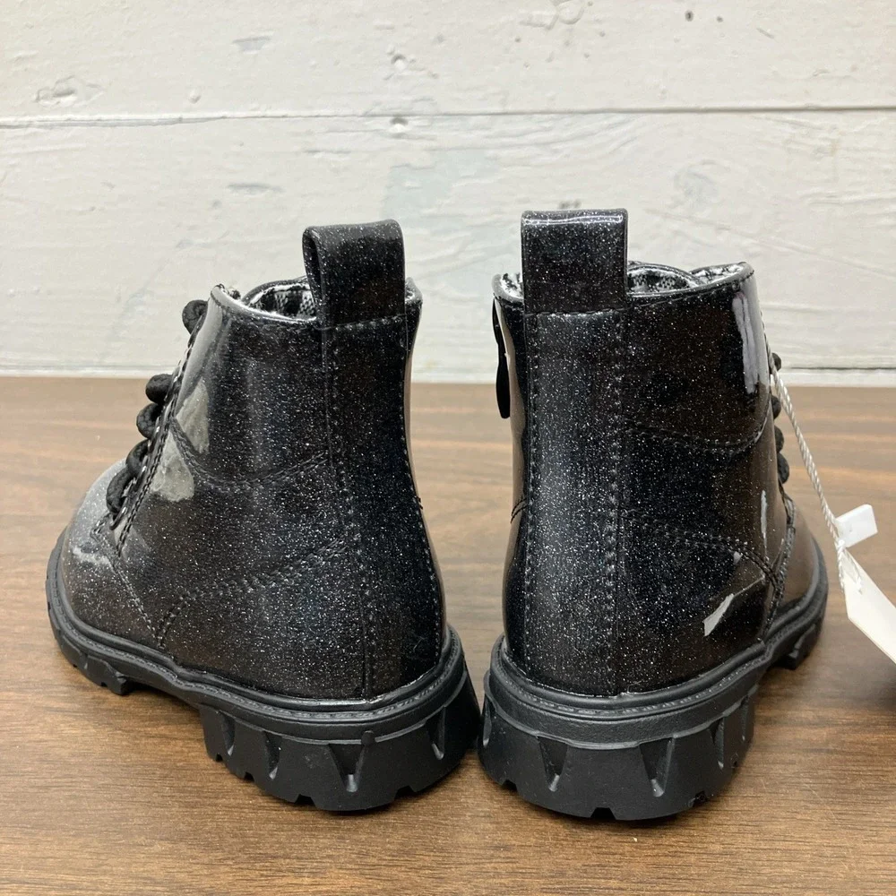 Dadawen Black Glitter Combat Boots Kids Ankle Glossy Black Glitter Boots Size 5